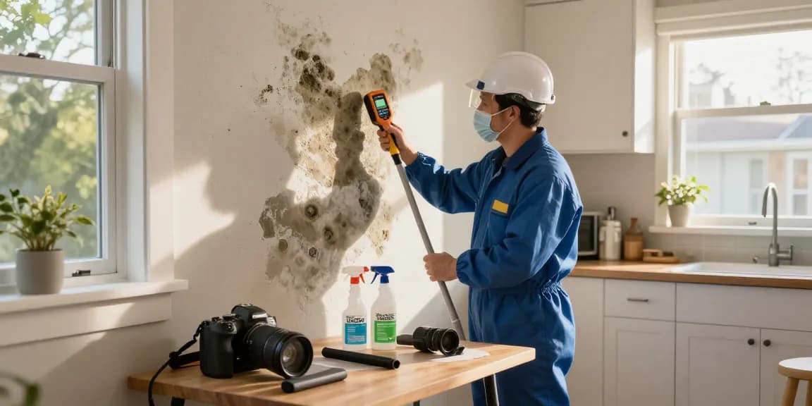 Mold Remediation West Vancouver technician assessing damp walls with tools during a professional cleanup.