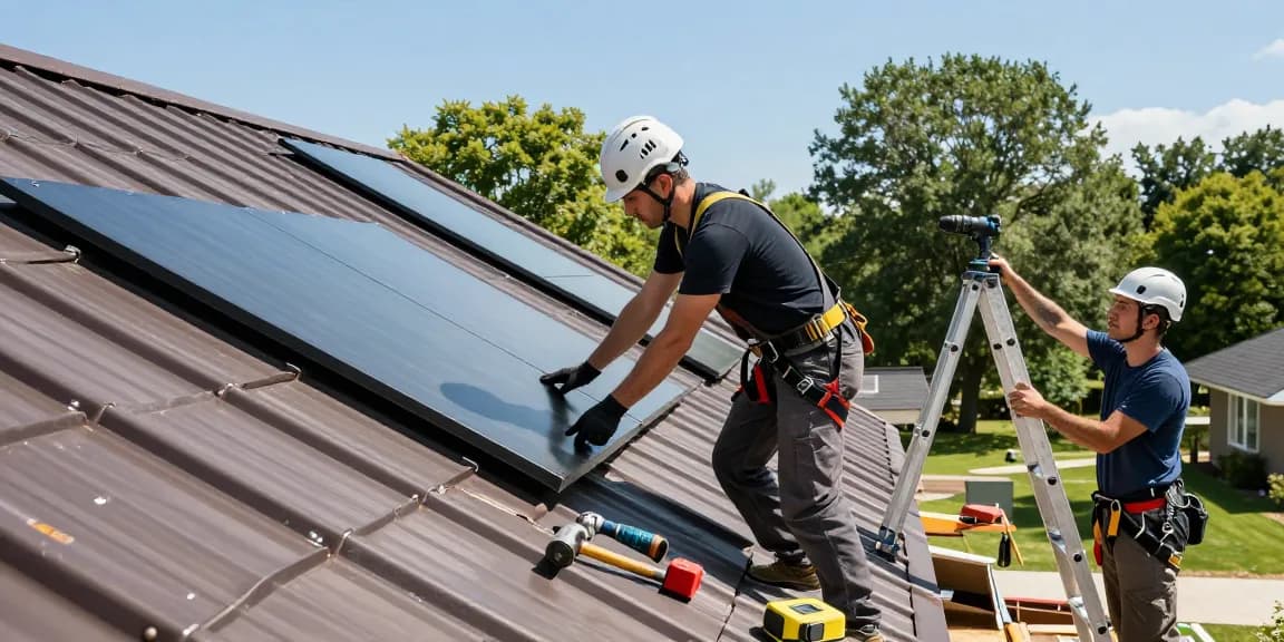 Metal roofing contractors installing metal roofing panels on a house with safety gear and tools.