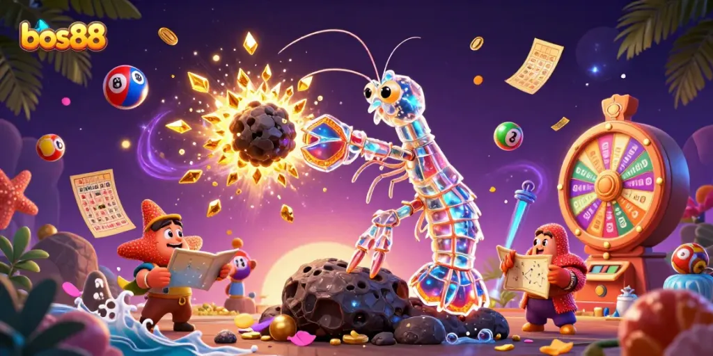 Experience thrill with bos88 as the galactic samurai mantis shrimp punches through asteroids pouring golden gems and coins.