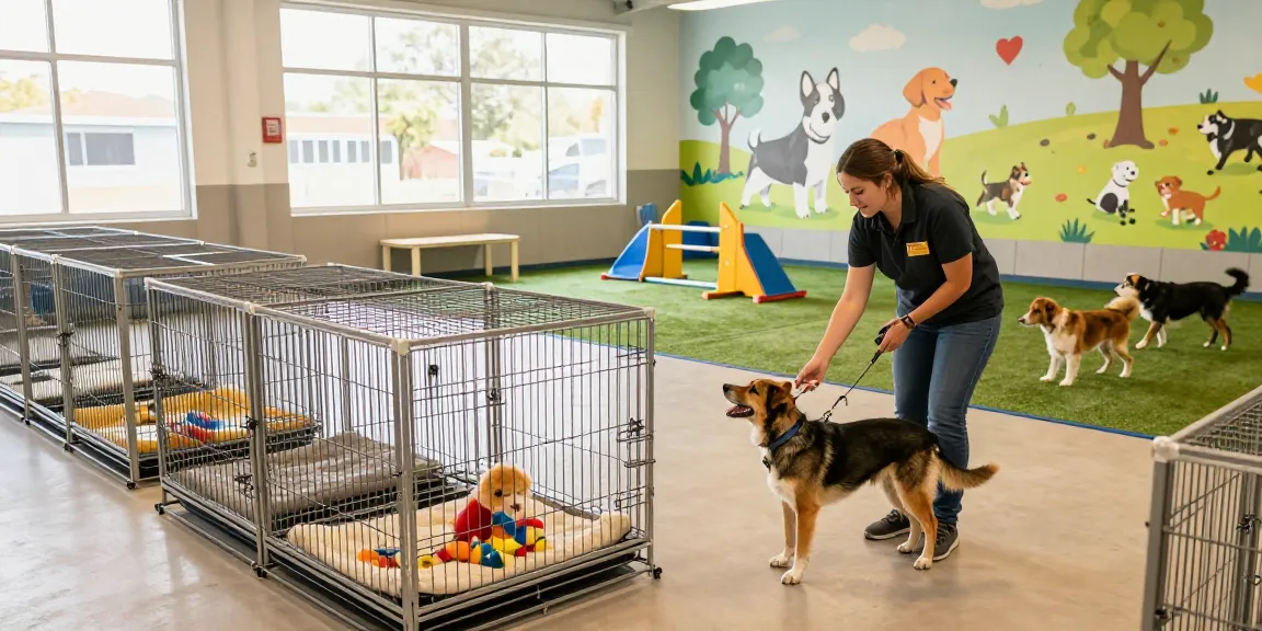Dog Boarding facility with welcoming staff, spacious cages, and playful dogs