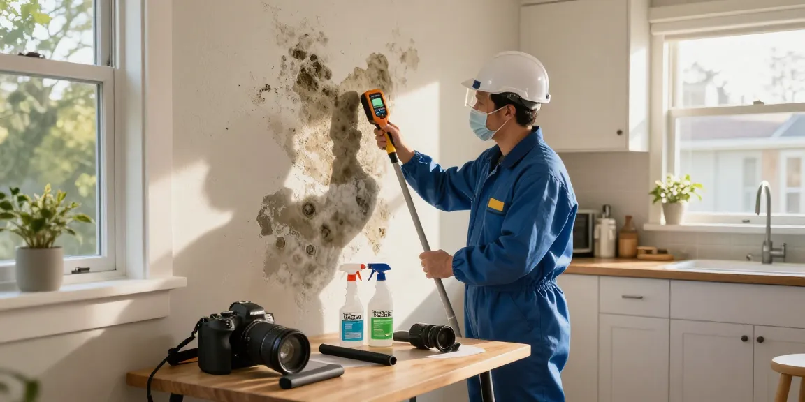 Mold Remediation West Vancouver technician assessing damp walls with tools during a professional cleanup.