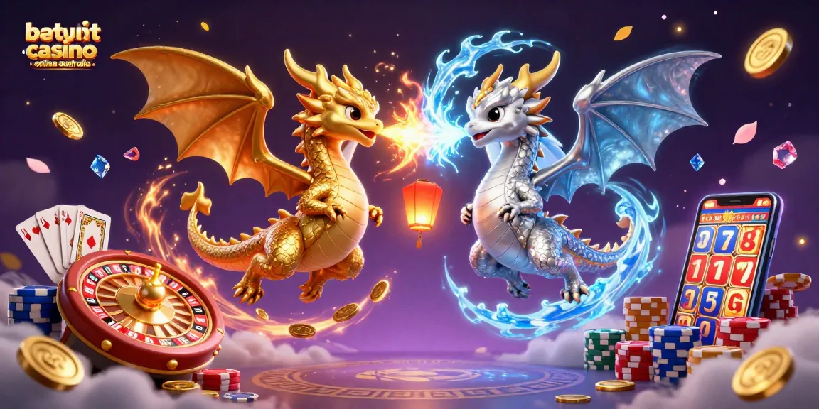 Play at the best payout casino online Australia with vibrant dragons and casino elements.