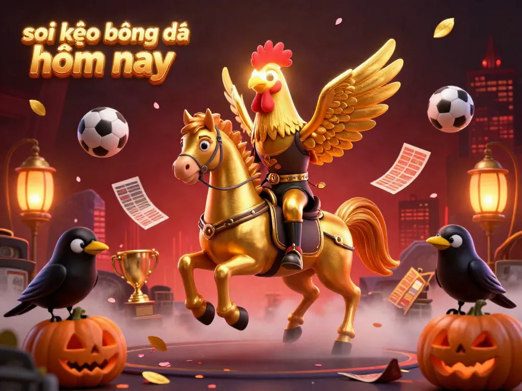 Experience soi kèo bóng đá hôm nay with a dynamic illustration of a golden rooster jockeying in a vibrant casino.