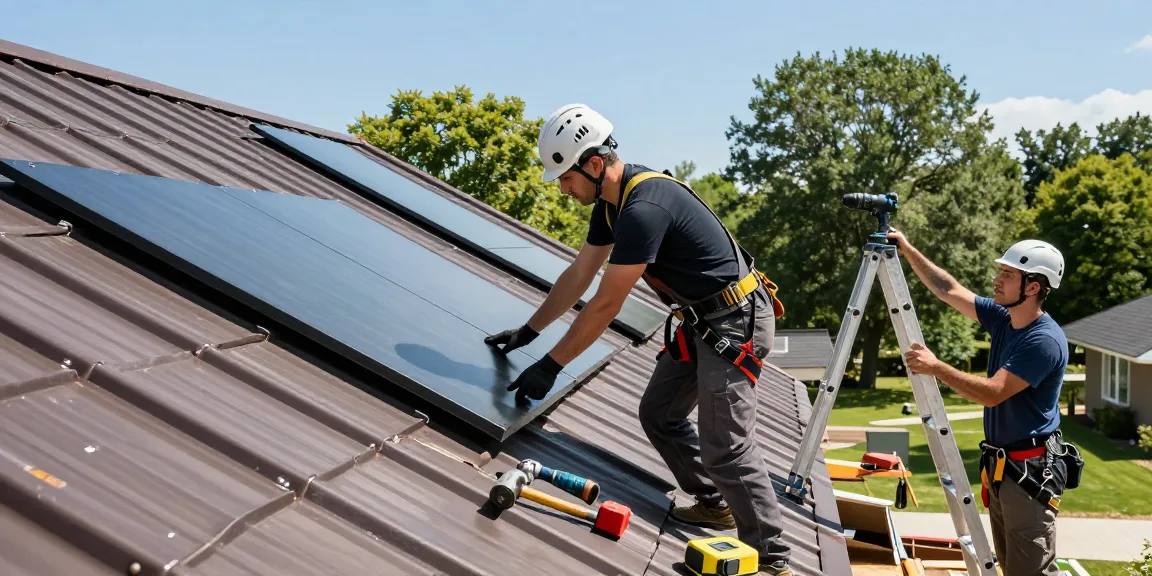 Metal roofing contractors installing metal roofing panels on a house with safety gear and tools.