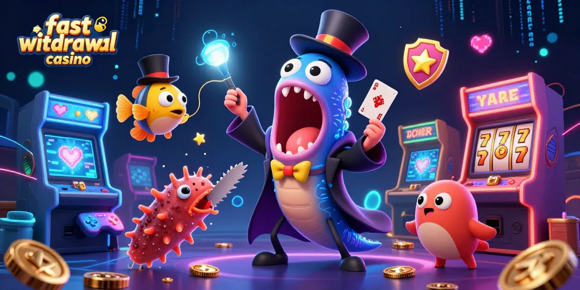 Fast withdrawal casino scene with a magician eel, top hat anglerfish, and sea cucumber performing tricks.