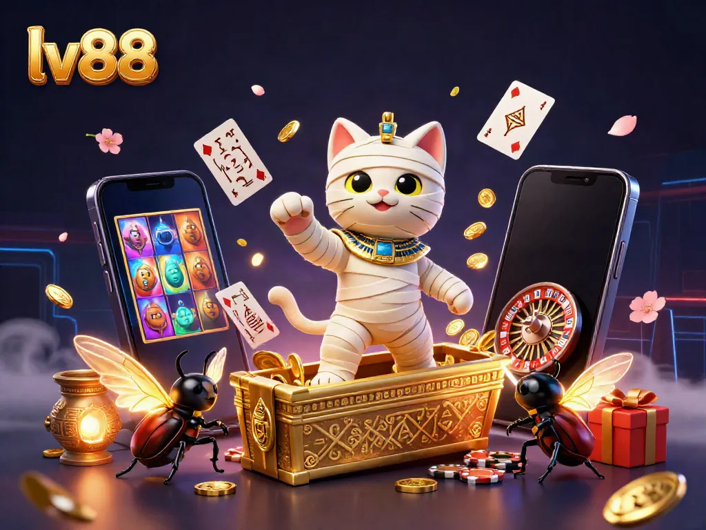 Experience the thrill of lv88 in this vibrant casino scene with an Egyptian mummy and gold accents.