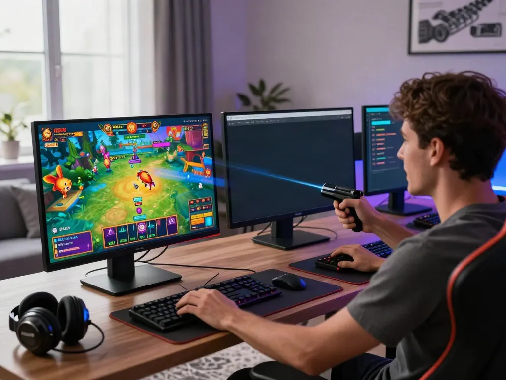 Engaging online gaming experience at https://du88az.net/ with a player immersed in an interactive fish shooting game, showcasing vibrant graphics and a modern setup.