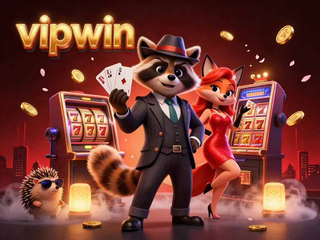 Feel the excitement at vipwin as a suave raccoon holds a winning royal flush among slot machines and coins.
