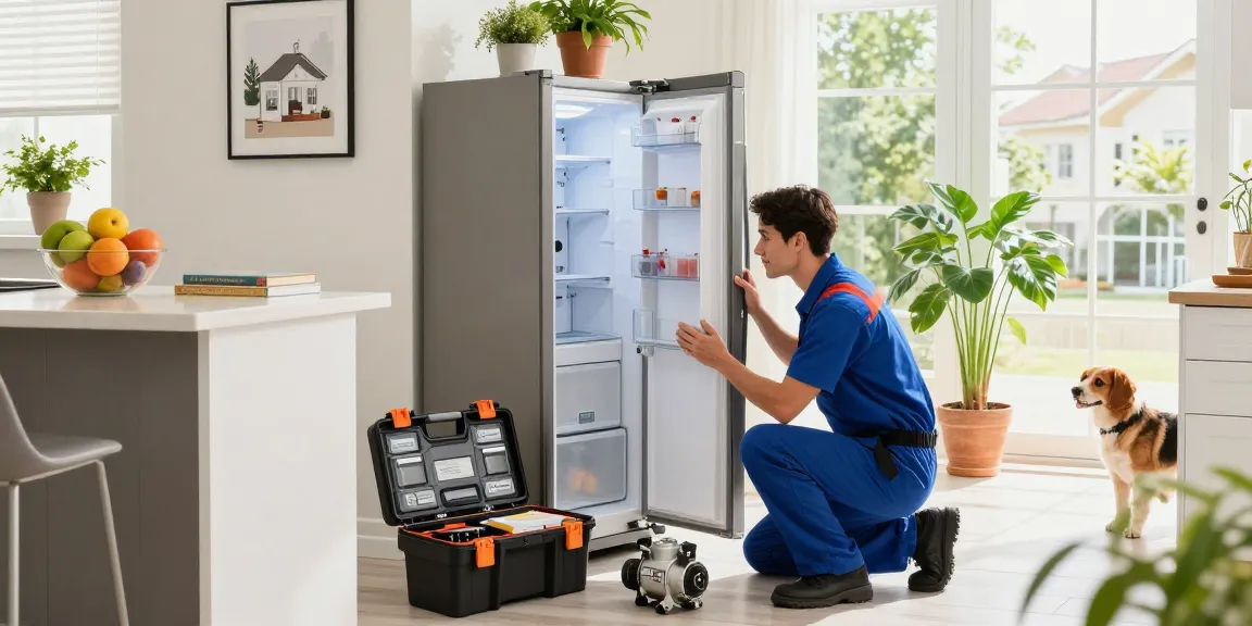 Appliance Repair in Vaughan with a technician inspecting a refrigerator in a well-lit kitchen