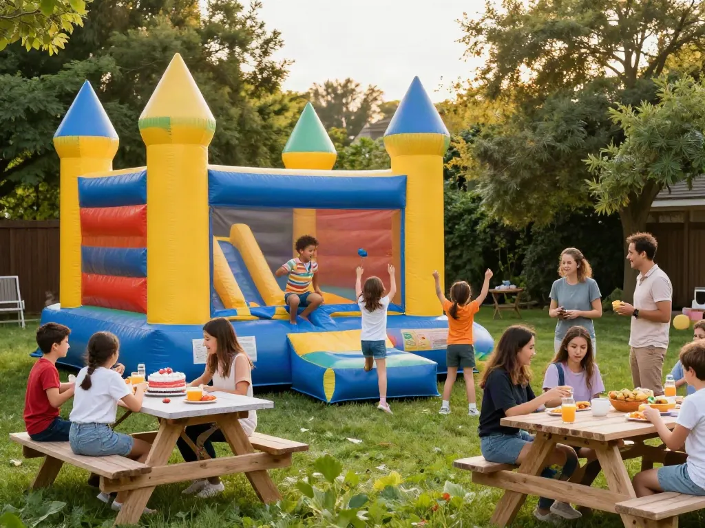Children playing in an inflatable castle during a sunny backyard party.