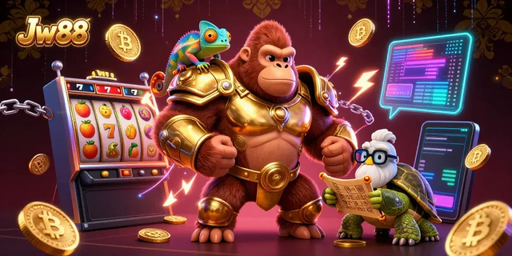 Engaging 3D scene illustrating Jw 88 with a gorilla king and casino elements, vibrant and dynamic.