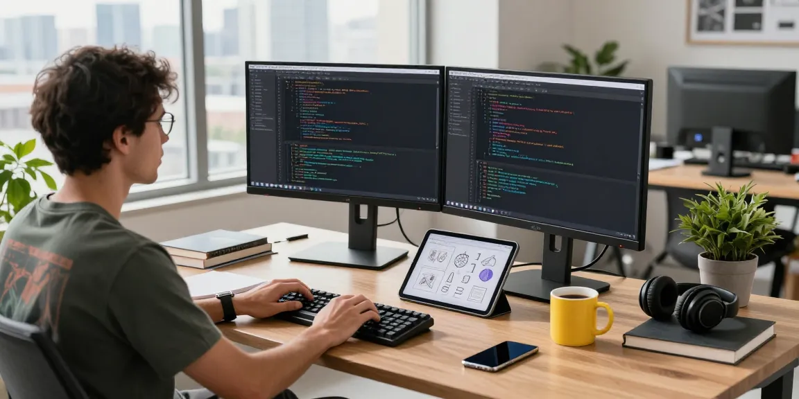 A developer engaging in WPS Download using dual monitors in a modern tech workspace.