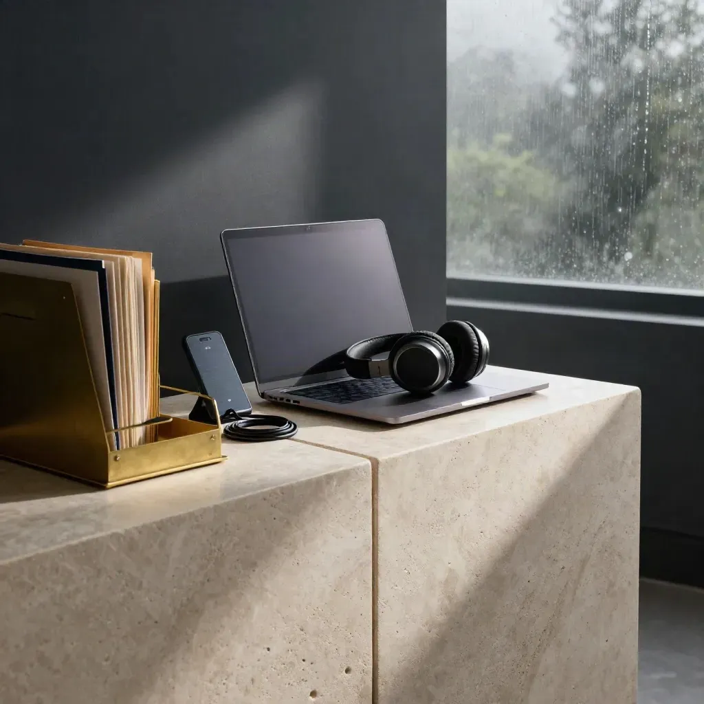Remote assistance console on stone sideboard with laptop, headset, inbox tray, and phone dock