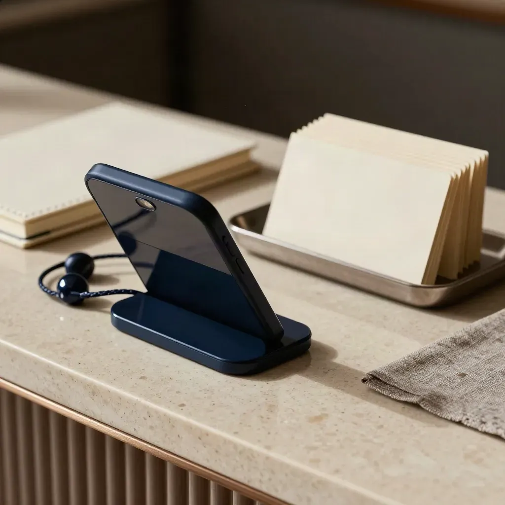Macro of a client-reply station with phone cradle, earbuds, notebook and response cards on travertine.