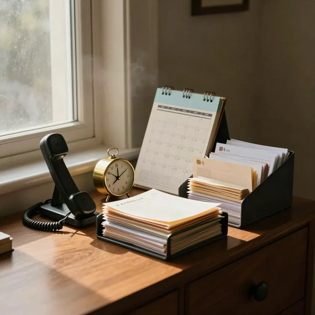 Phone dock, desk clock, tabbed organizer, and inbox trays in a warm home office corner.