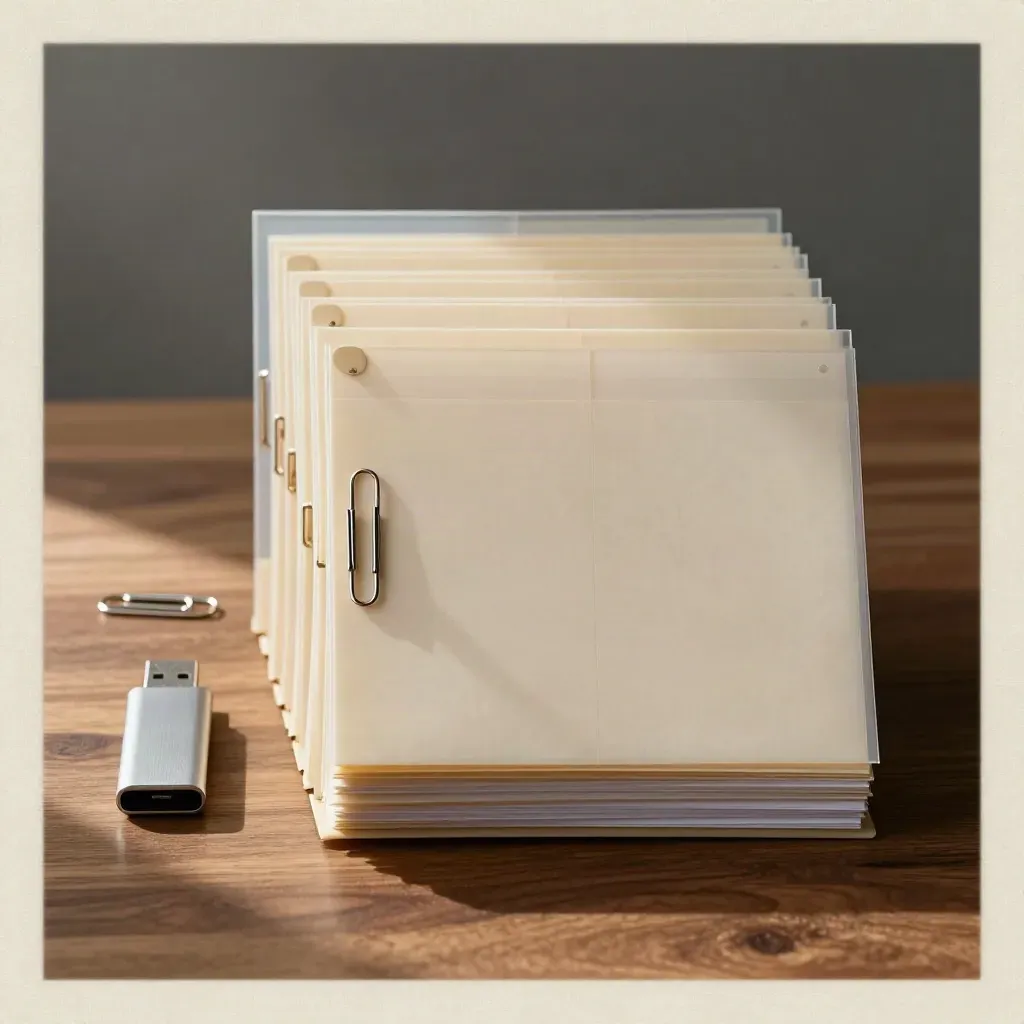Overhead flat lay of archive sleeves, paper clips, a card file and USB drive on warm walnut.
