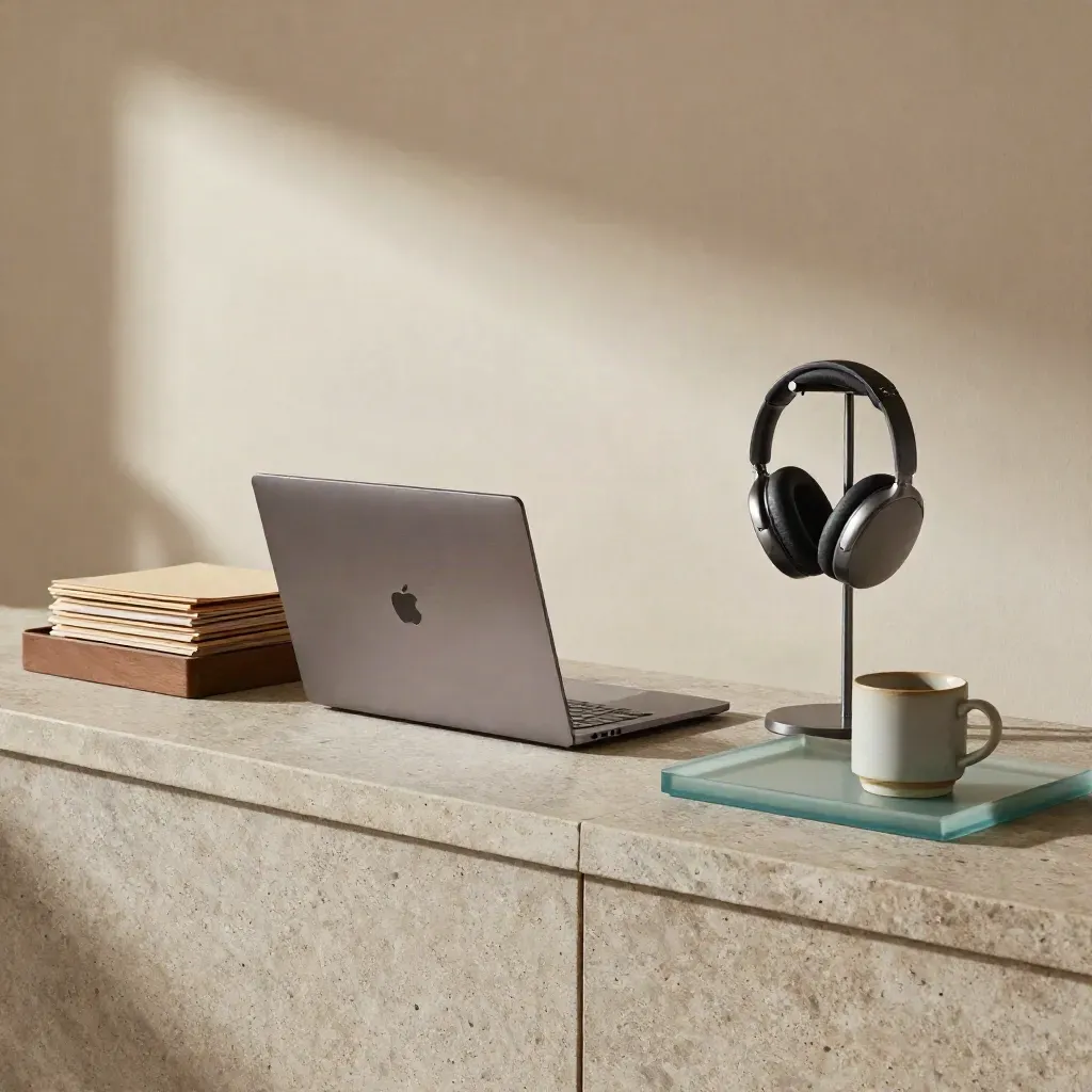 Executive assistance setup on a stone credenza with laptop, headset stand, inbox tray, mug, and folders.