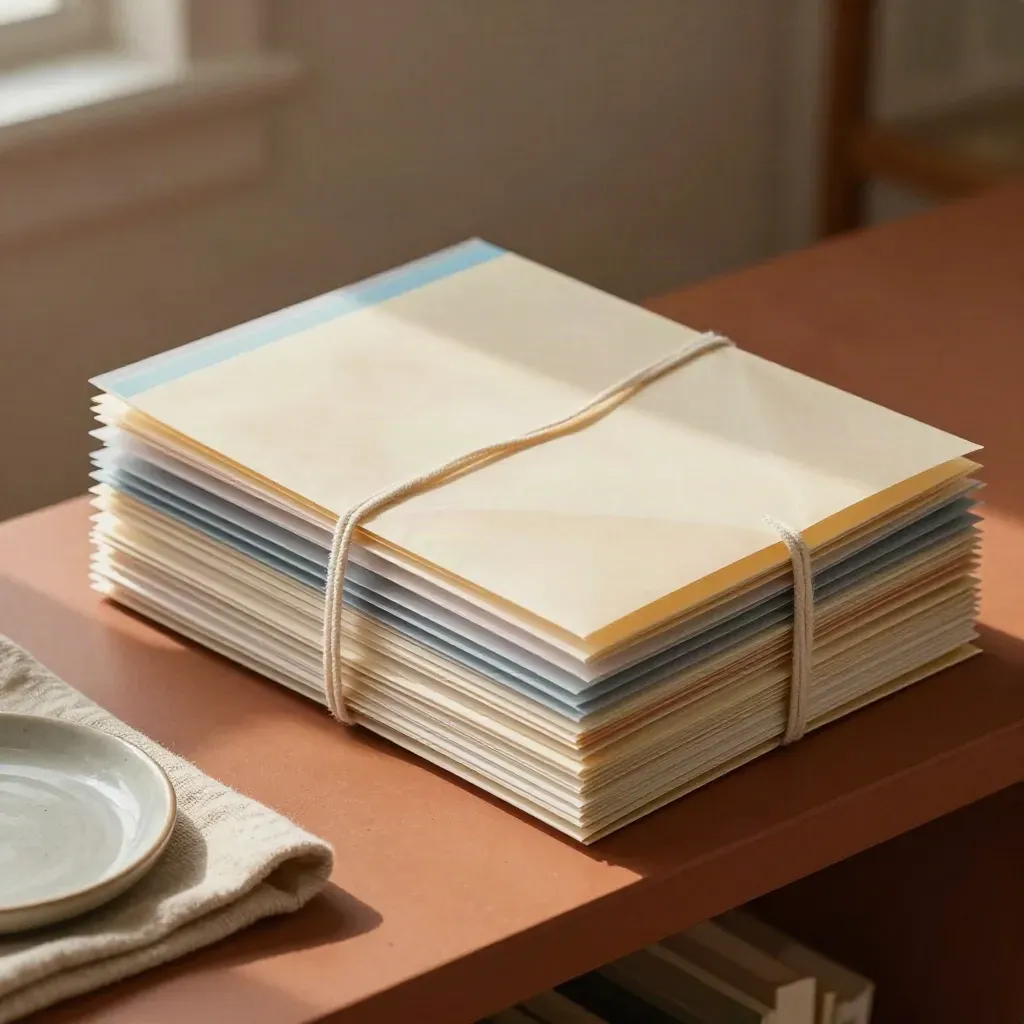 Clipped folders, envelope sleeves, divider tabs, and sealed packets on a warm plaster shelf.