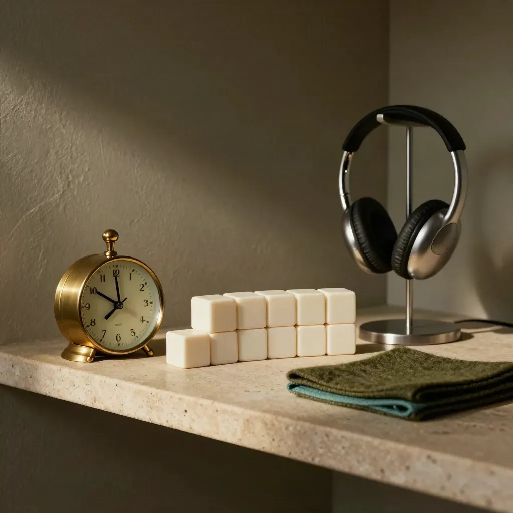 Brass clock, blank scheduling cubes, headset stand and reminder bell on a khaki shelf in moody light.