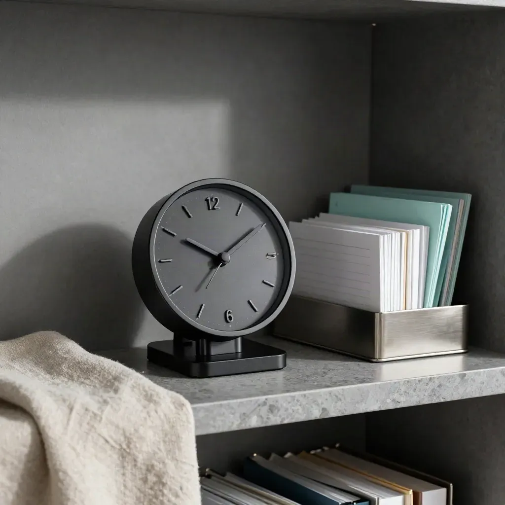 Tidy weekly command shelf with clock, phone dock, agenda blocks, and folders on stone.