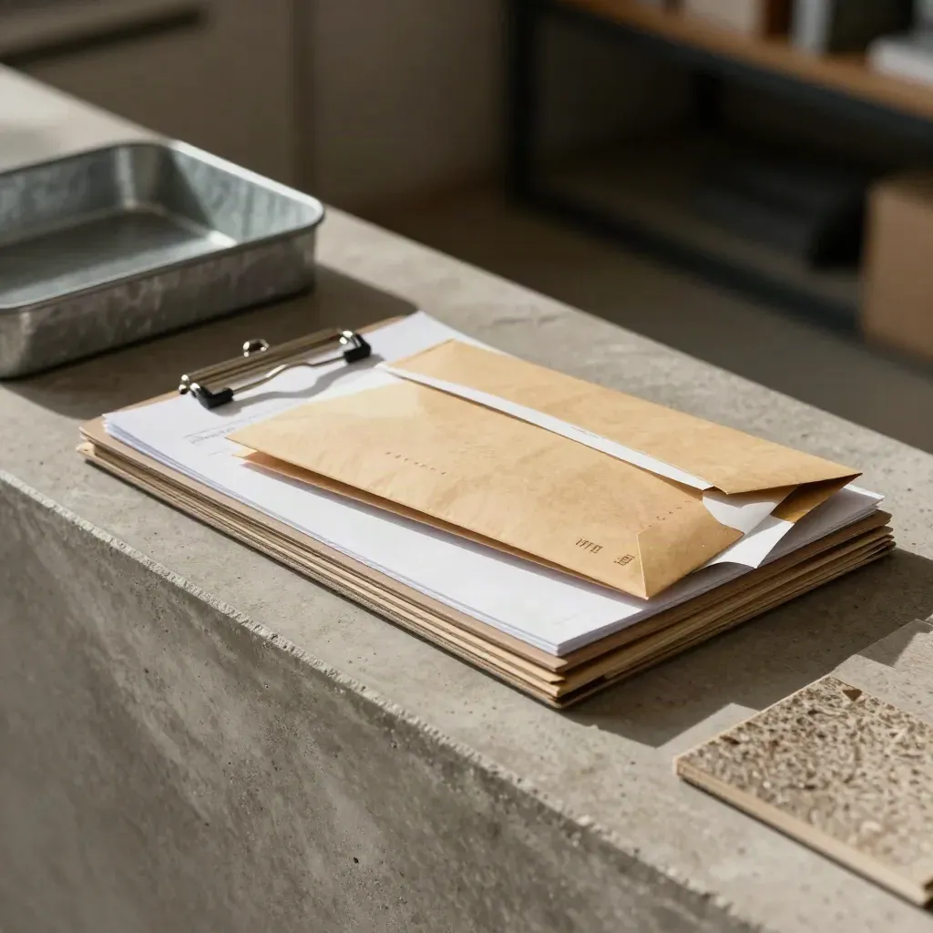 Trades quote station with material samples, clipboard, and sealed envelopes on a concrete ledge.