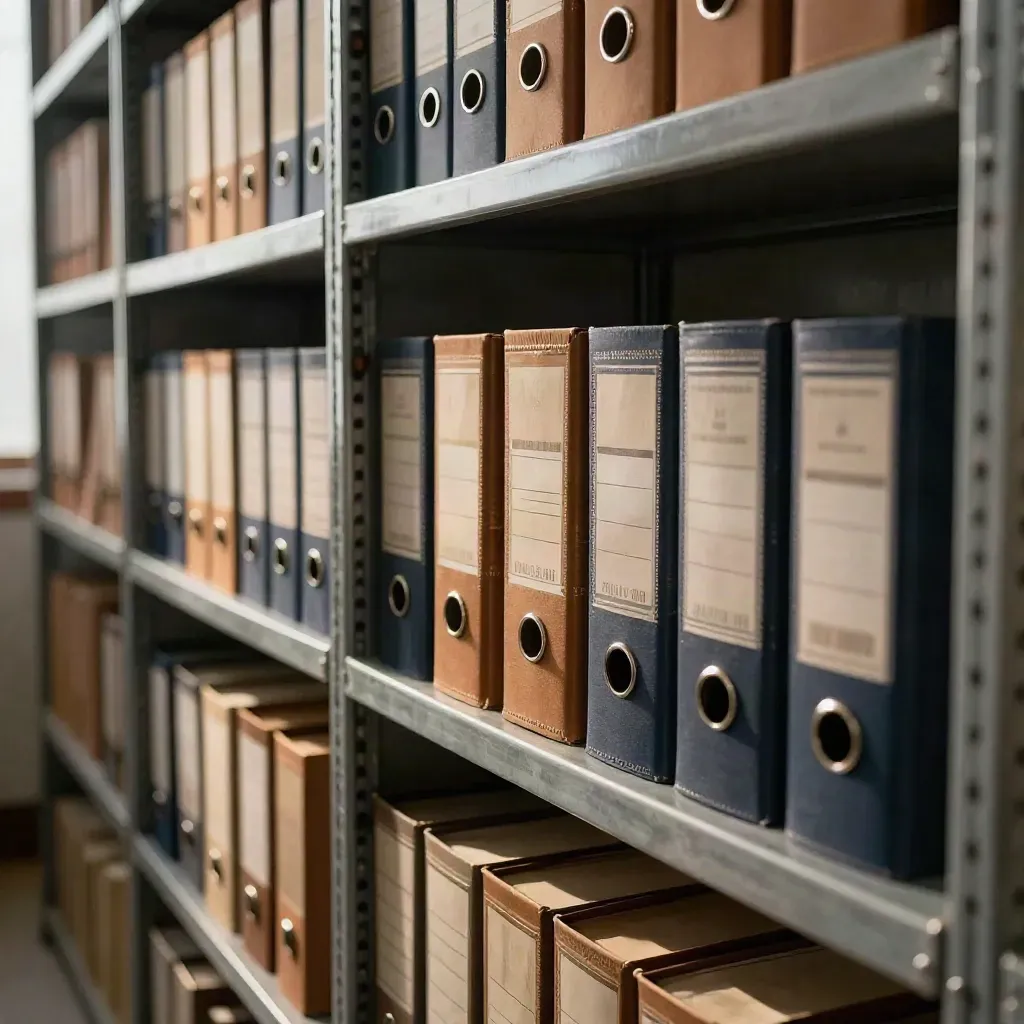 Law office archive with neatly aligned file boxes and stamp pad in soft window light