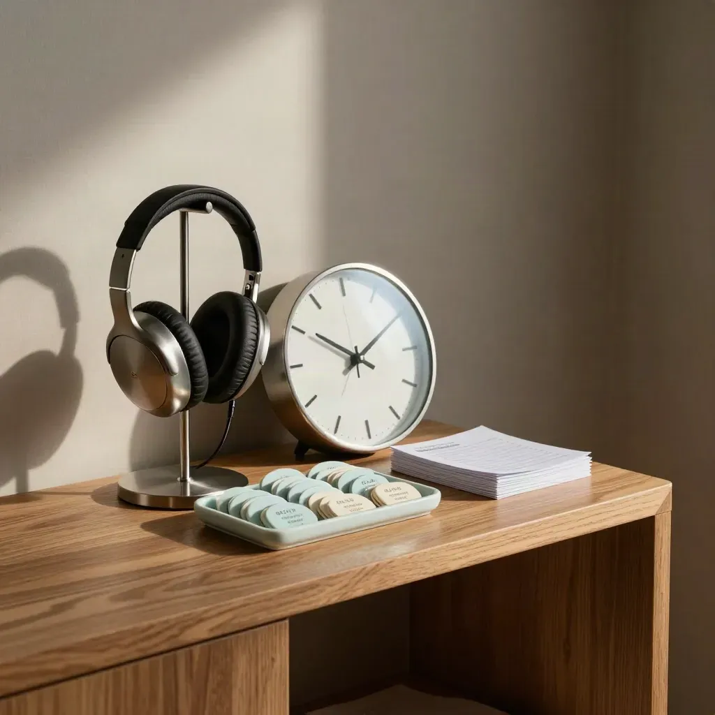 Headset stand, appointment tokens, clock and reminder tray on a warm oak booking station.