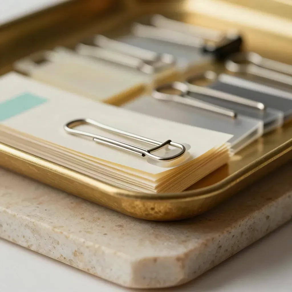 Macro of binder clips, index tabs, and brass tray corner on travertine with teal accent