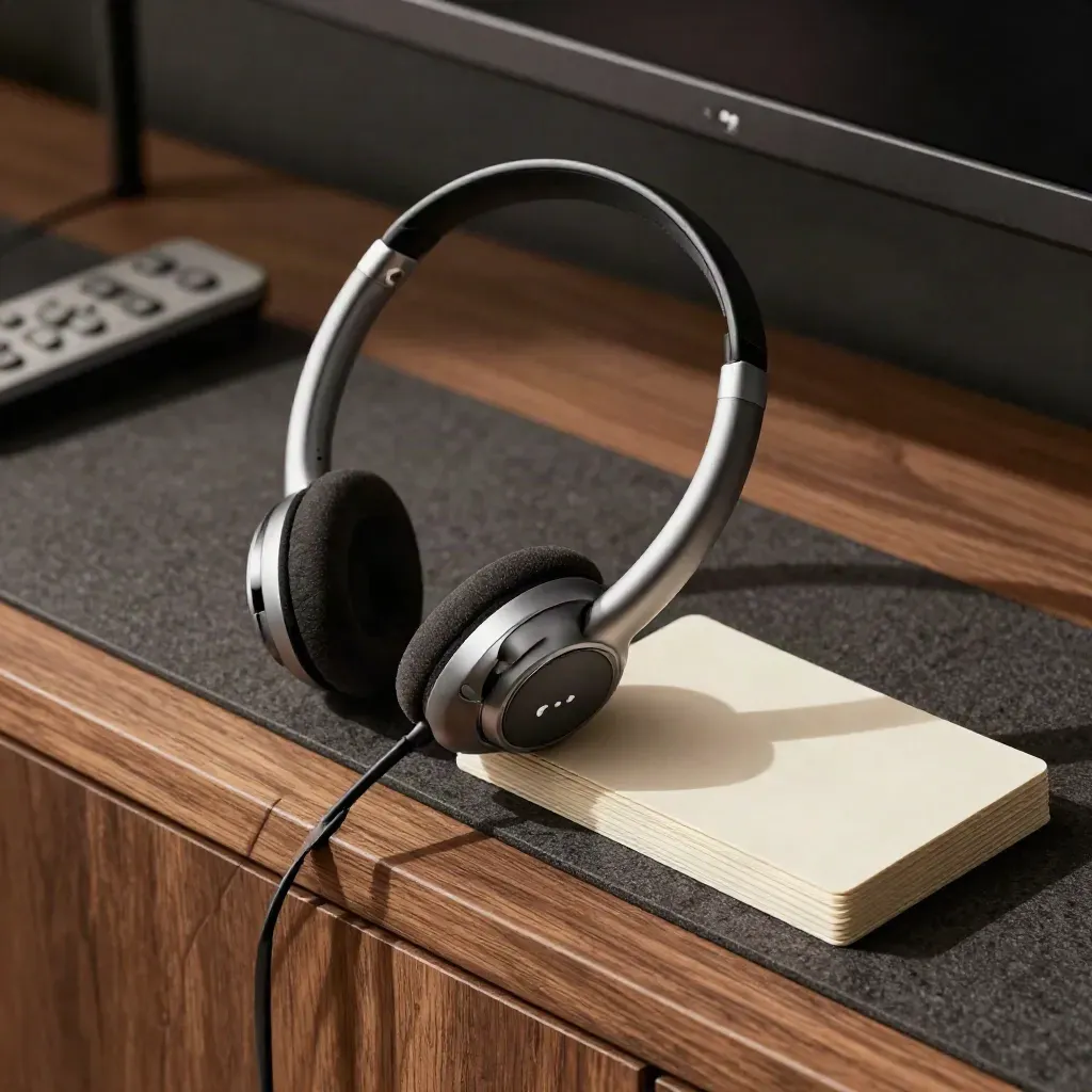 Wireless headset on a charging cradle with mute button and face-down follow-up cards on walnut ledge