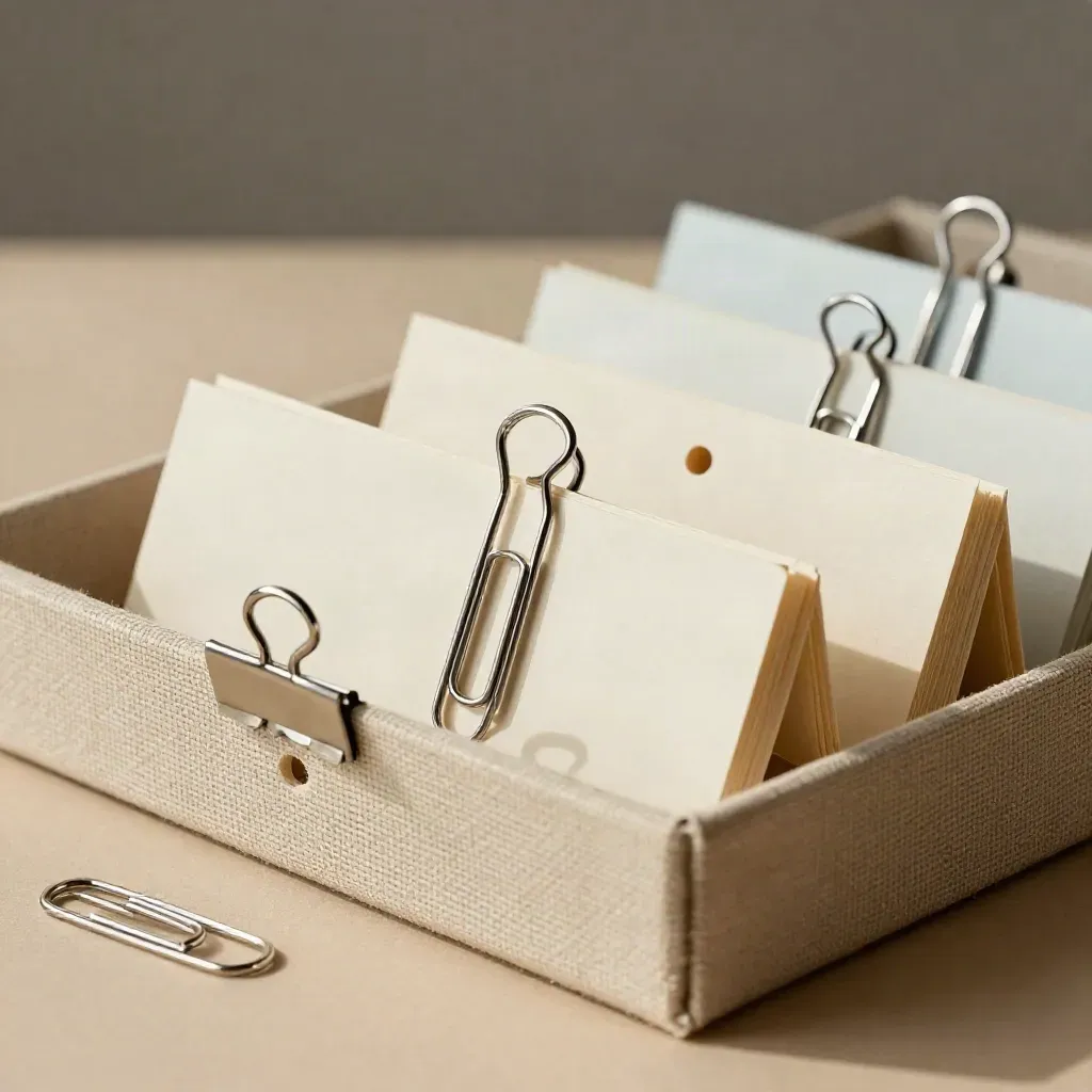 Macro of paper clips, binder rings, divider tabs and linen on a filing tray.