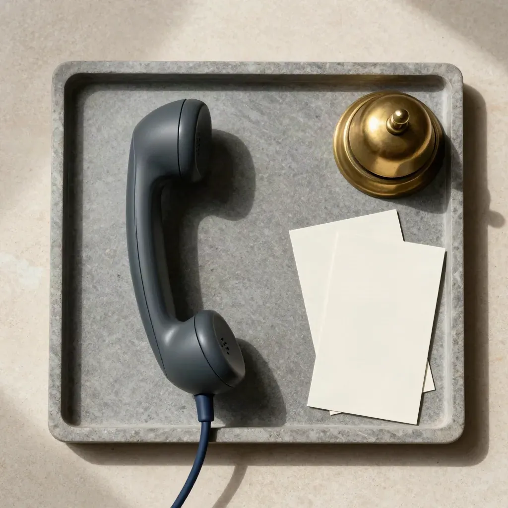 Overhead phone, brass bell and blank cards on stone in soft daylight.