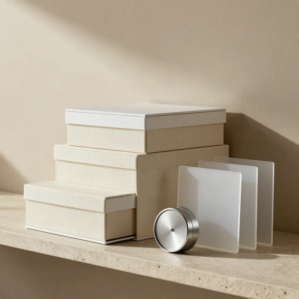 Nested cream plan boxes, timer and file dividers on a stone shelf in soft side light.