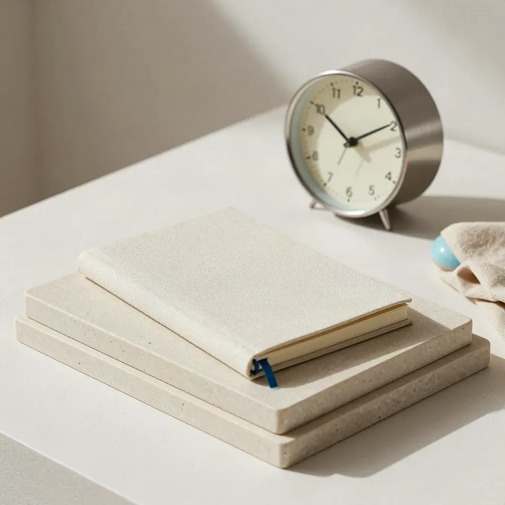 Two stacked trays, closed notebook and small clock on a pale plaster surface.