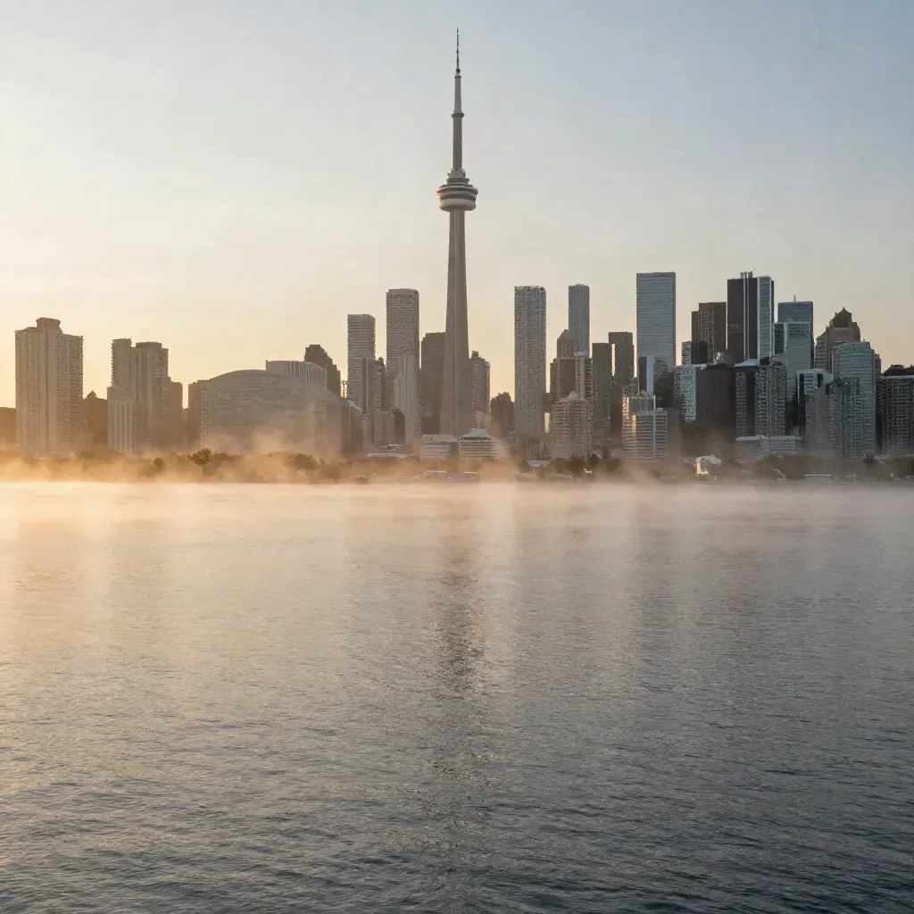 Toronto skyline over Lake Ontario at golden sunrise, with mist and open water below.