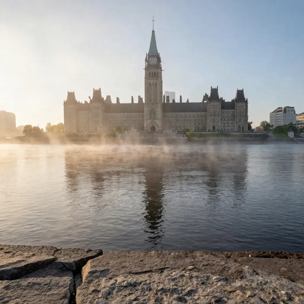 Parliament Hill rises above the Ottawa River in soft morning fog at daybreak.