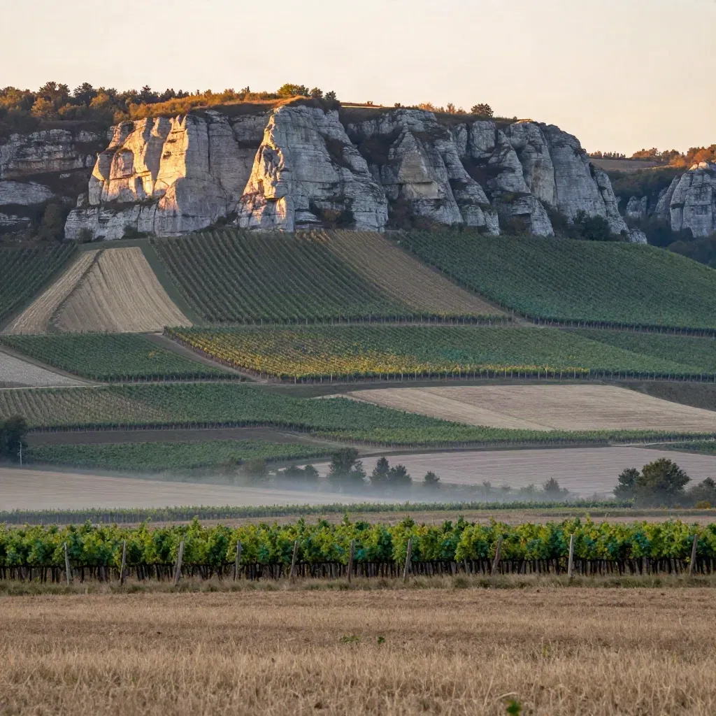 Sunset over the Southern Ontario escarpment and vineyard terraces in warm haze