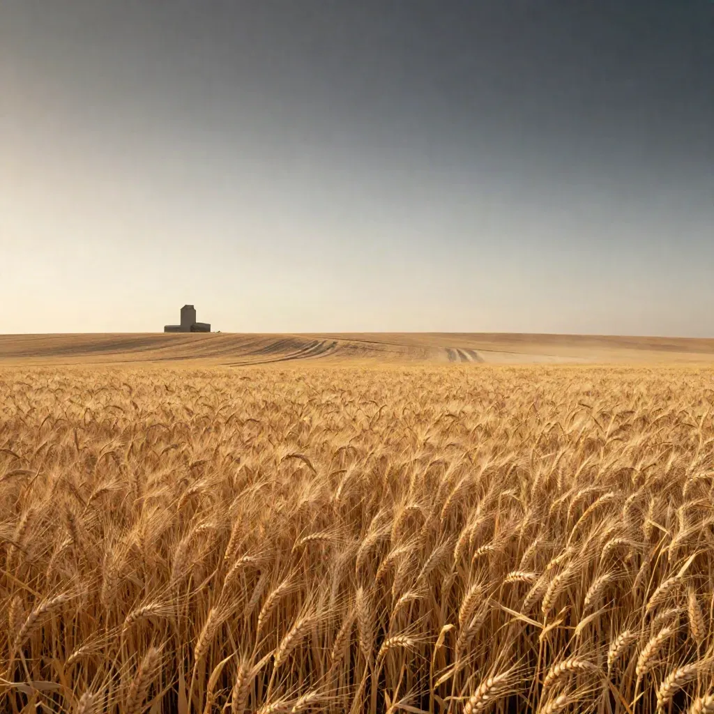 Golden Alberta prairie wheat with a lone grain elevator on the horizon in soft haze.