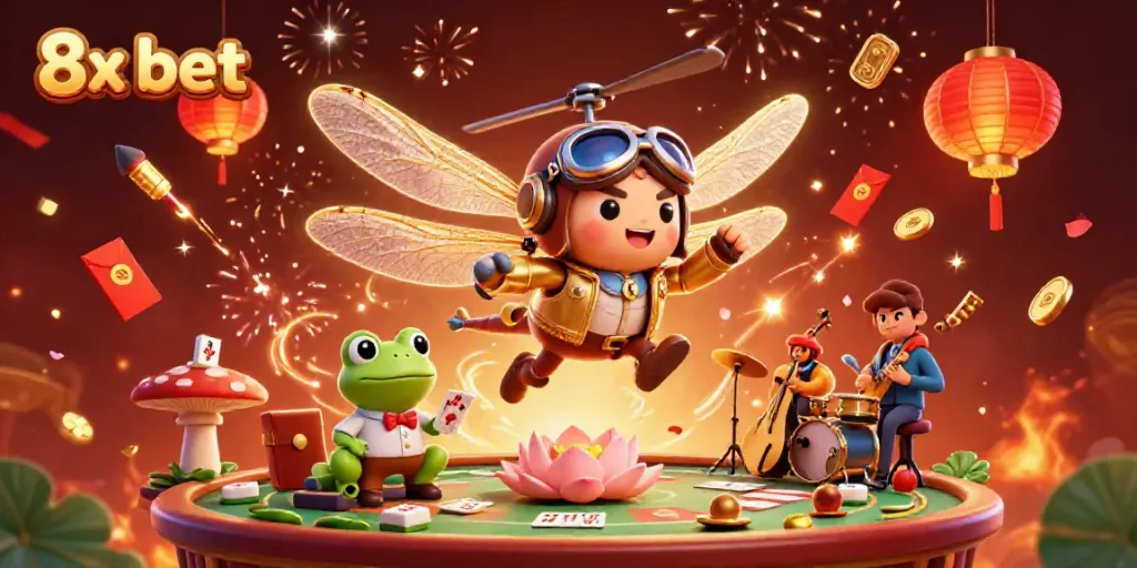 Experience thrilling games with 8x bet at a lively lily pad casino scene featuring unique characters.