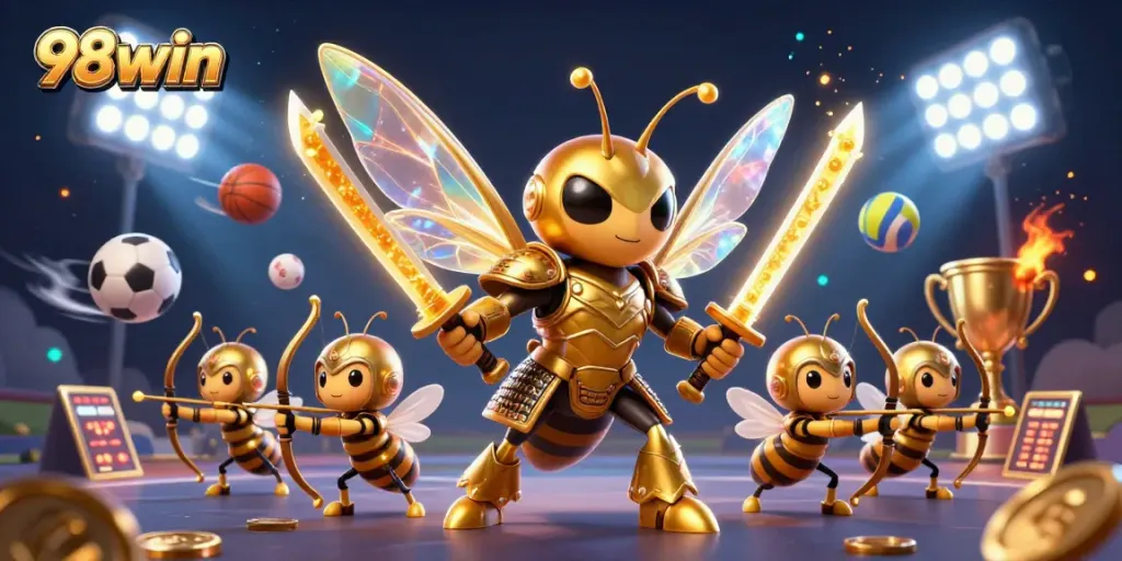 Experience the excitement of 98win with this dazzling 3D illustration showcasing a dynamic scene of a hornet samurai and sporting elements.
