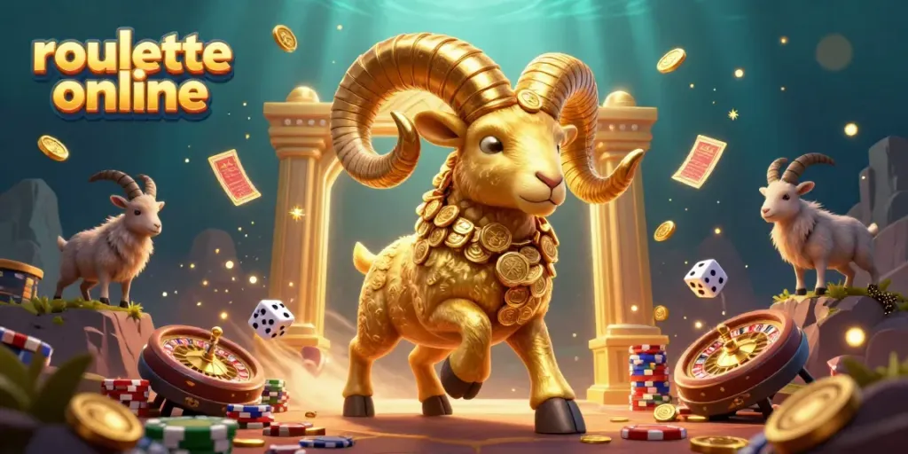 Experience the thrill of roullete online with a vivid illustration of a golden ram and dynamic casino elements.