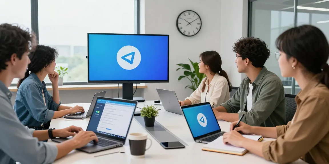 Team collaborating on Telegram download in a modern office setting, showcasing teamwork and innovation in technology.