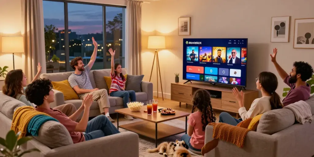 Family enjoying the MovieBox app together in a cozy living room setting.