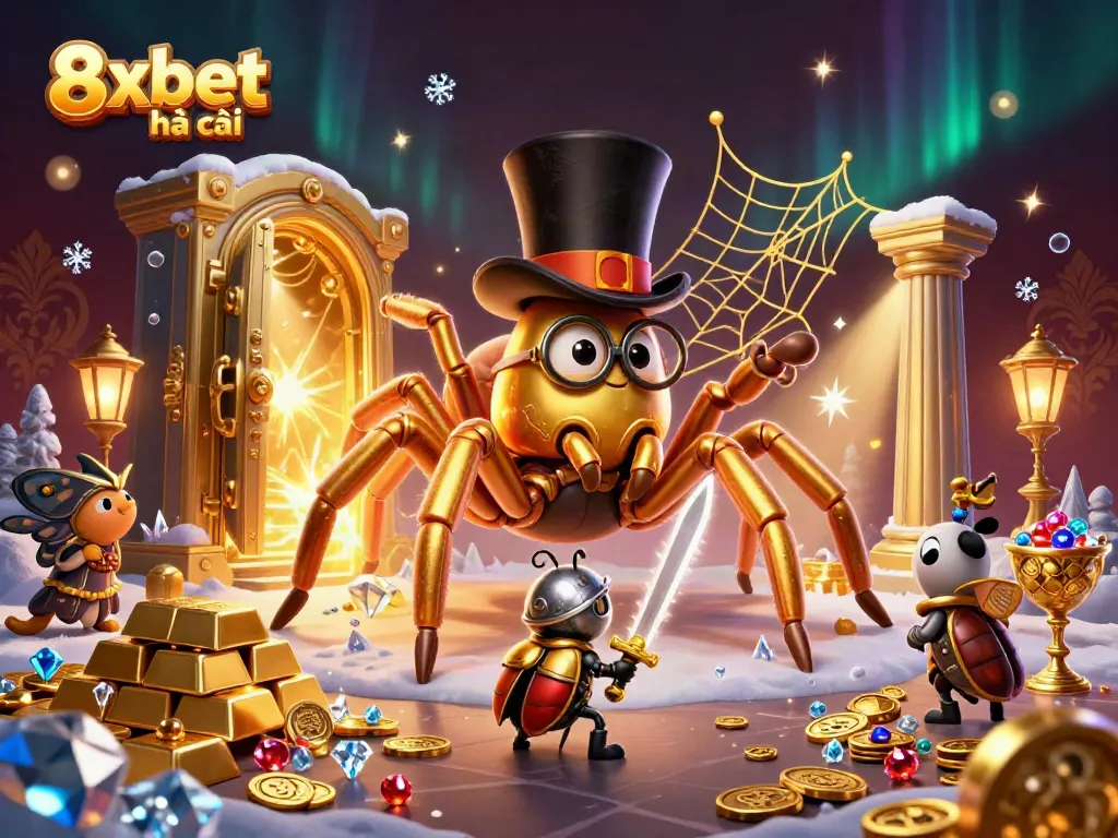 Engage with thrill at 8xbet nhà cái, featuring a golden tarantula and beetle knight in a dazzling casino scene.
