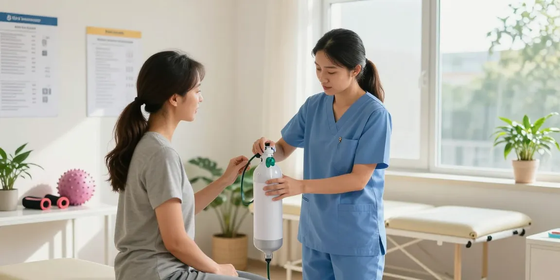 The healthcare professional explains oxygen tank usage to a patient, demonstrating proper techniques in a well-lit medical facility.