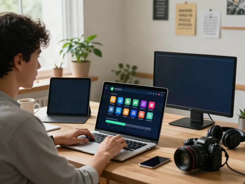 Person downloading gb whatsapp new version apk in a cozy tech workspace.