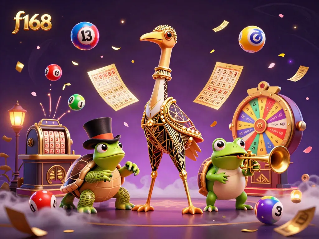 Engage with the f168 casino scene featuring vibrant lottery elements, lively characters, and dynamic gaming atmosphere.