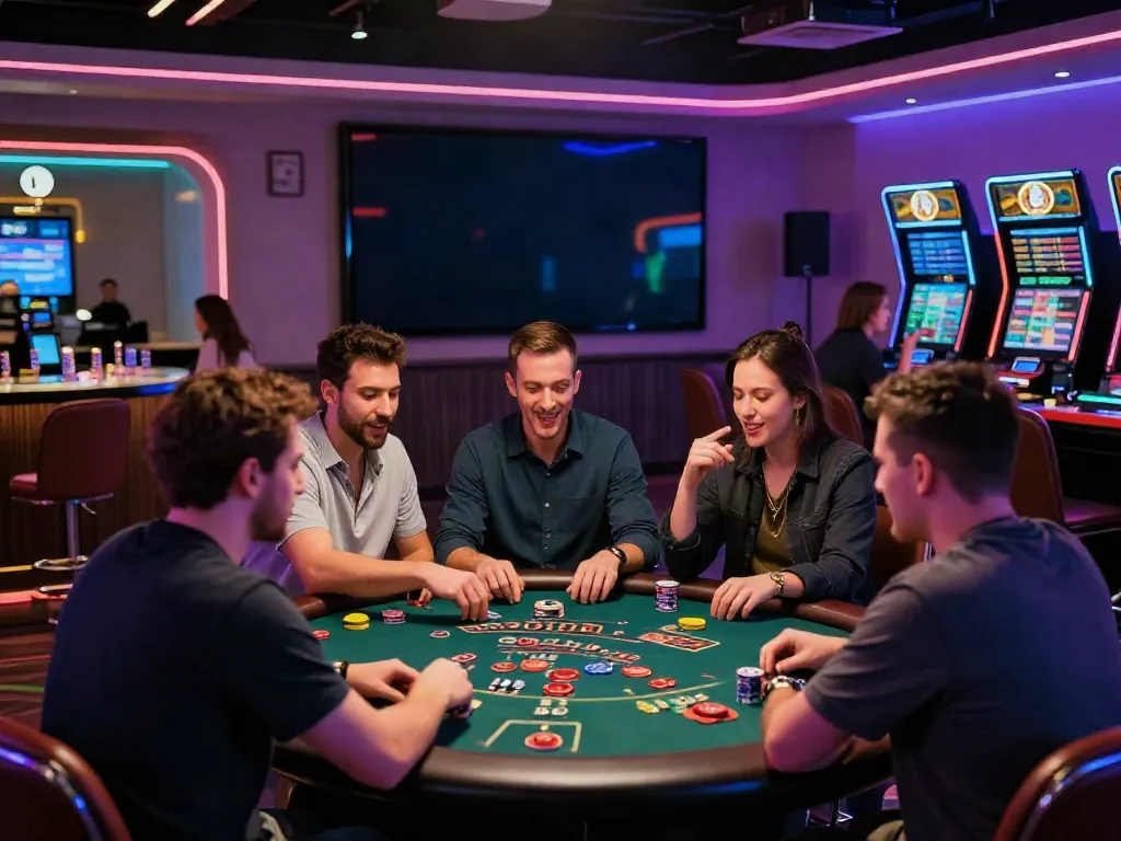 Engaging scene at the best crypto casino in Canada 2026, showcasing players at a blackjack table under vibrant neon lights.