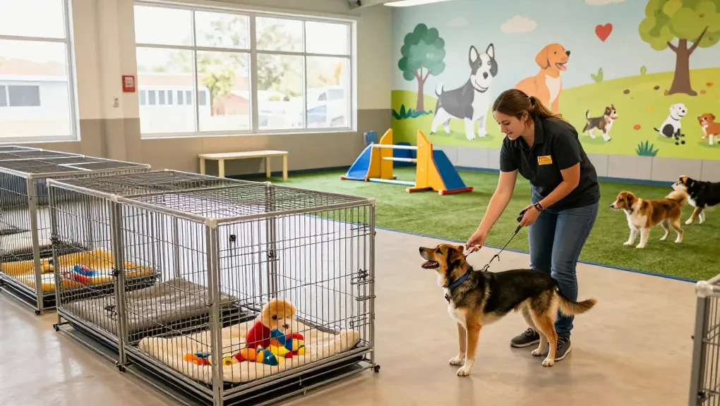 Dog Boarding facility with welcoming staff, spacious cages, and playful dogs