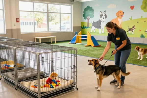 Dog Boarding facility with welcoming staff, spacious cages, and playful dogs