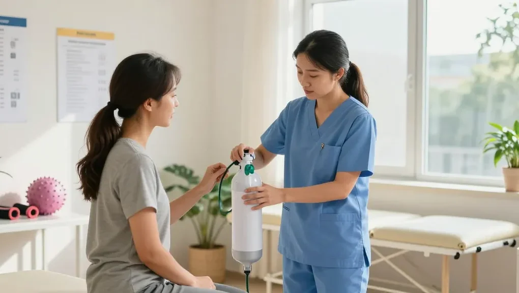 The healthcare professional explains oxygen tank usage to a patient, demonstrating proper techniques in a well-lit medical facility.